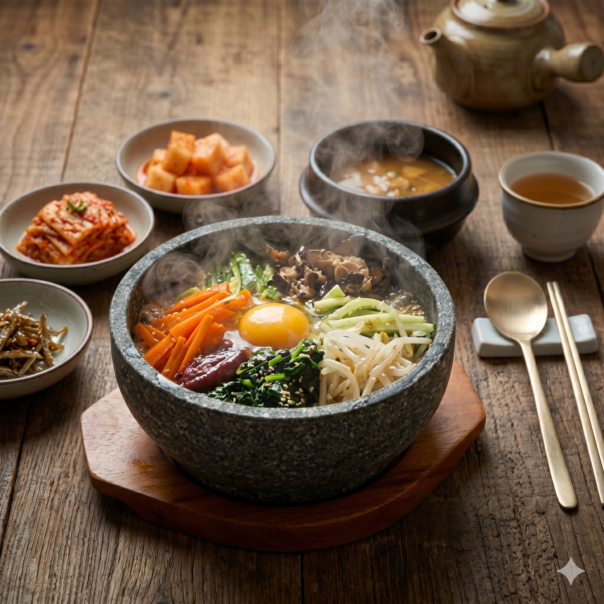Dolsot bibimbap in a scorching stone pot with sizzling rice crust