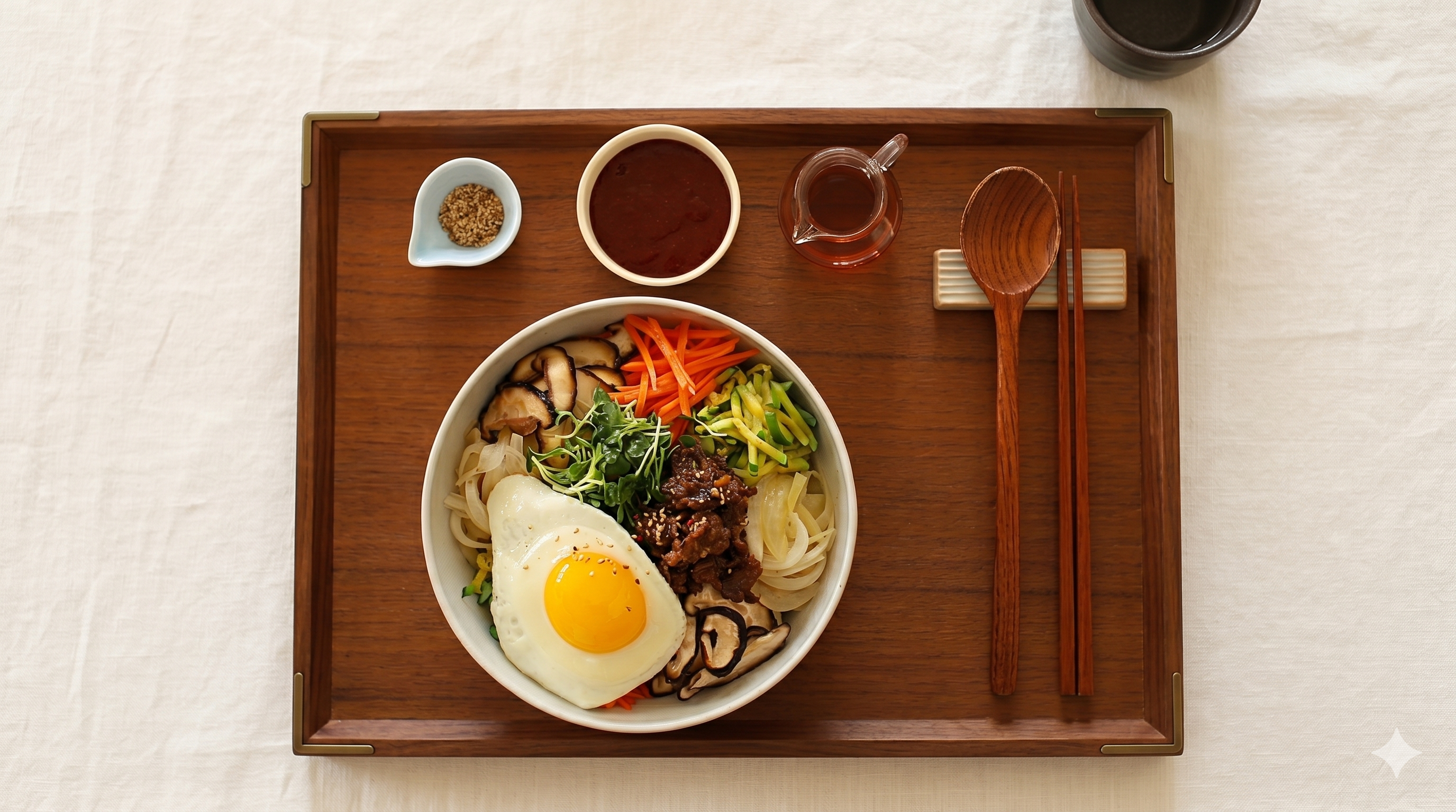 Jeonju bibimbap served in a traditional bronze bowl with 30 garnishes arranged by color