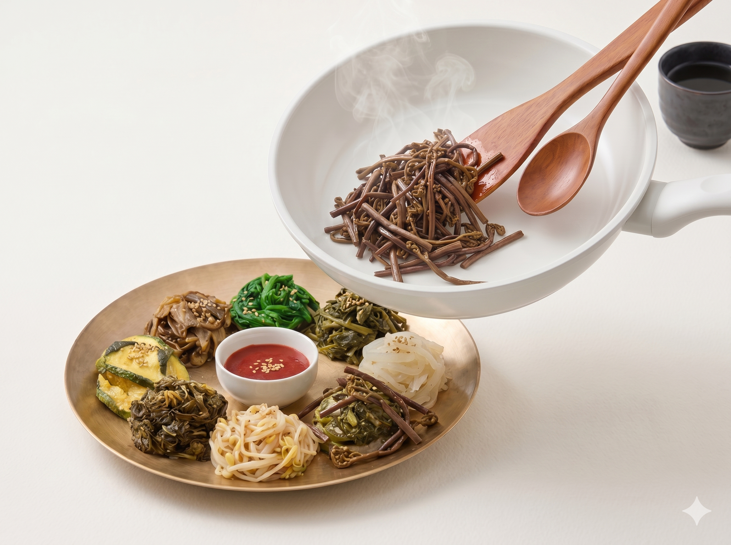 Each namul vegetable being seasoned and stir-fried separately — the labor of bibimbap