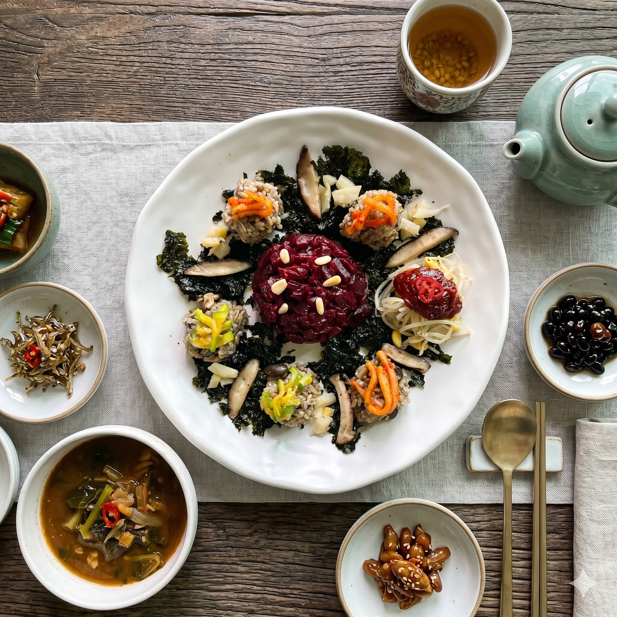 Modern vegetable bibimbap with beet replacing meat — the contemporary adaptation