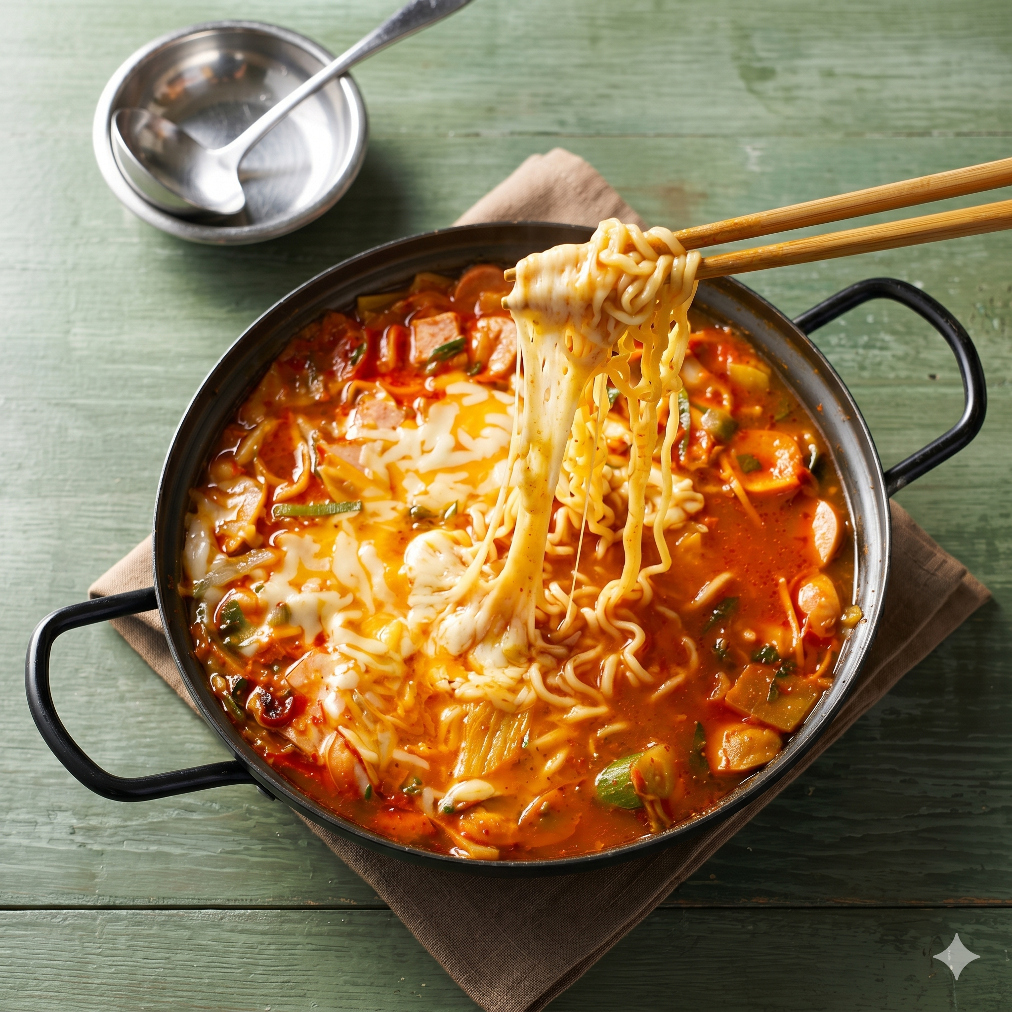 Cheese melting over bubbling budae jjigae with ramyeon noodles