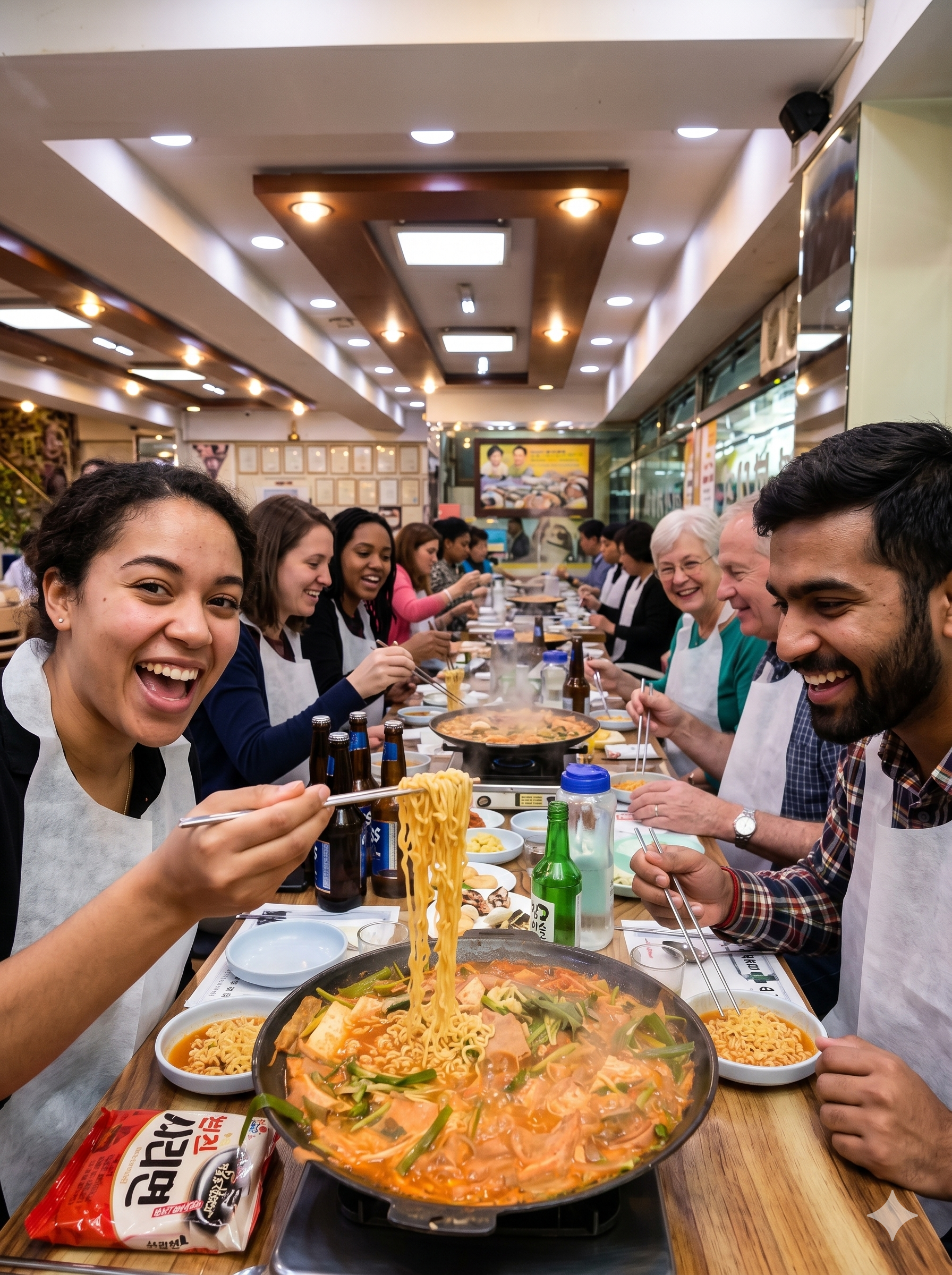 Friends gathered around a bubbling pot of budae jjigae — the universal comfort of Korean army stew
