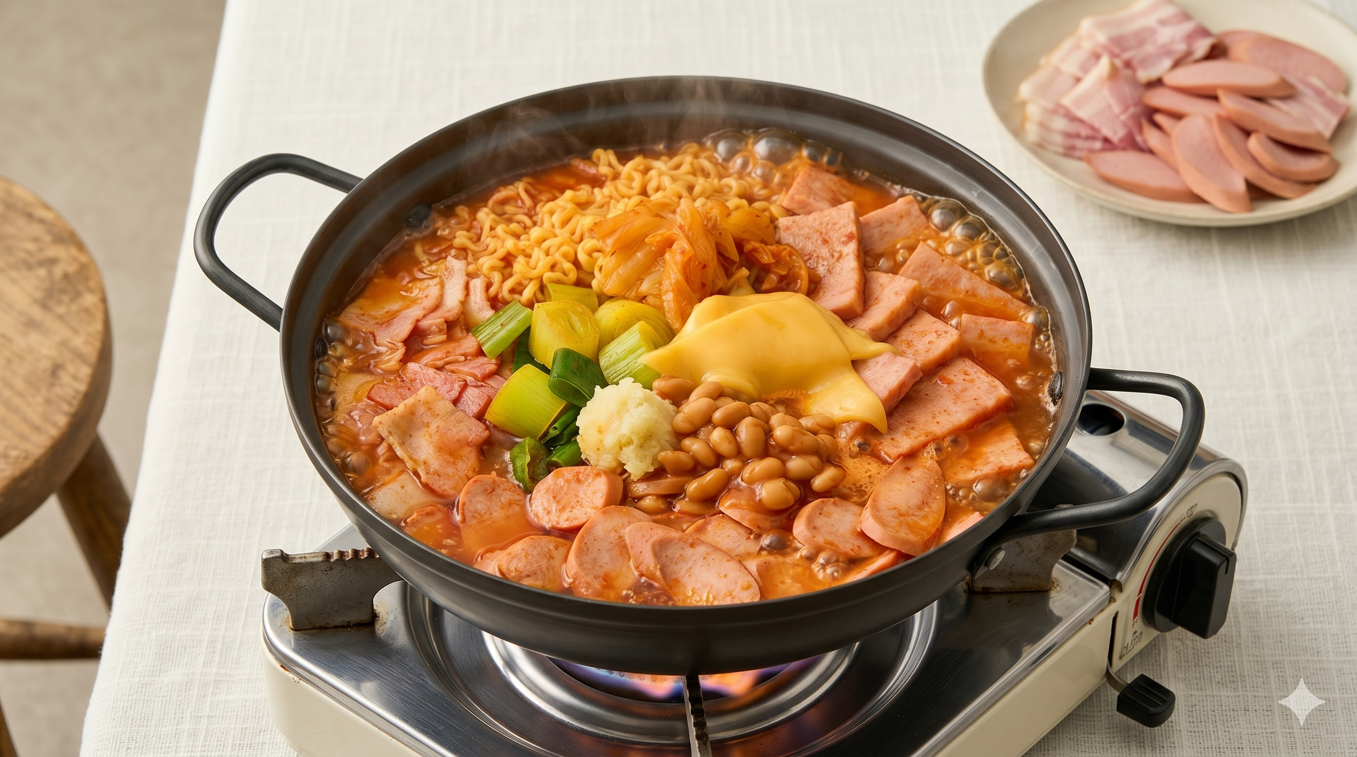 Budae jjigae boiling in a pot — SPAM, sausage, kimchi, tofu simmering in rich red broth