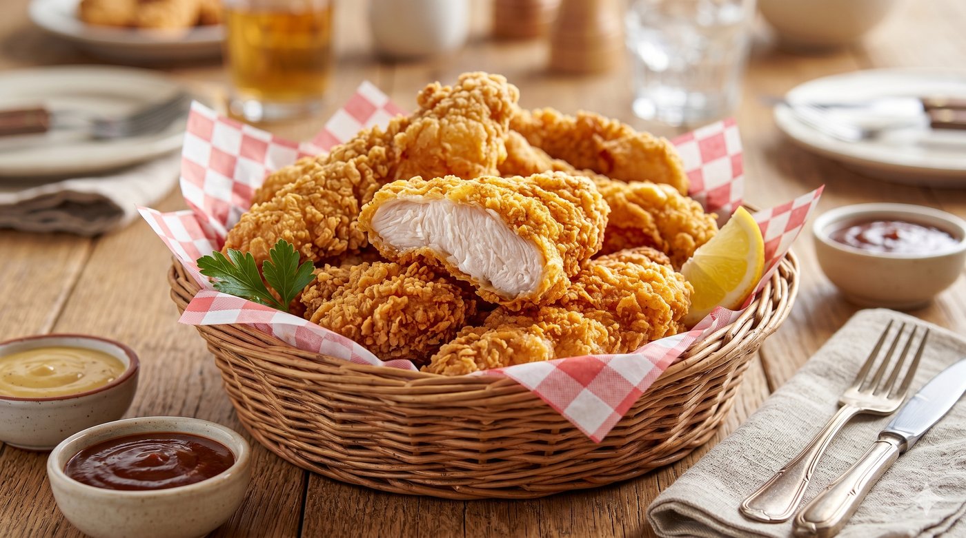 황금빛 바삭한 한국 치킨 — Korean fried chicken golden crispy close up