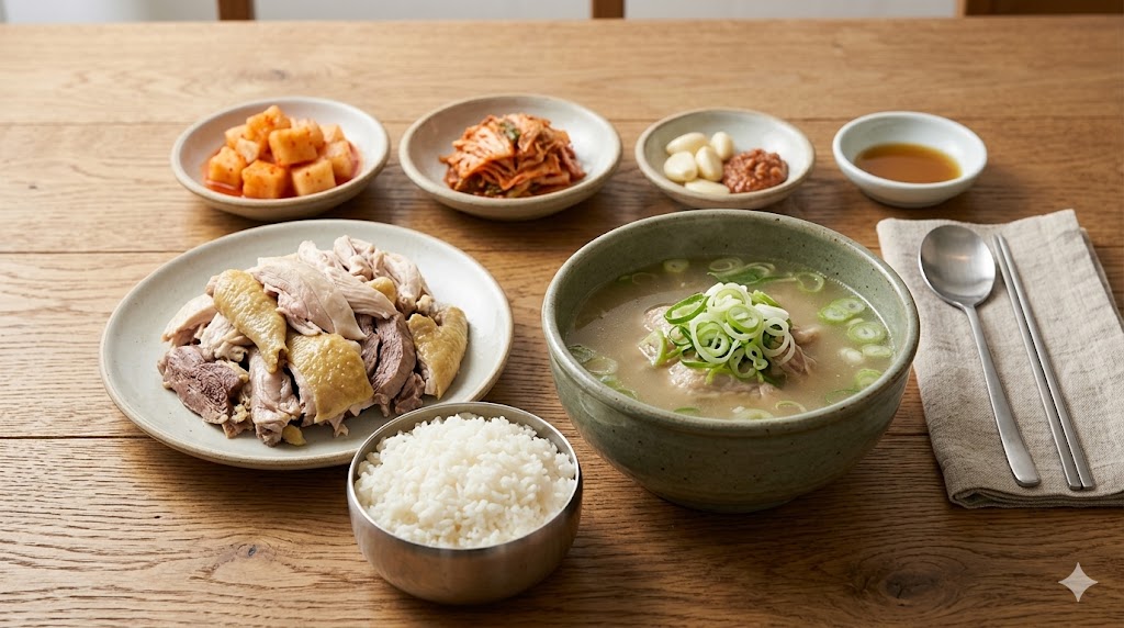 닭곰탕 — 맑은 국물에 밥이 담긴 그릇과 결대로 찢어진 닭고기 접시