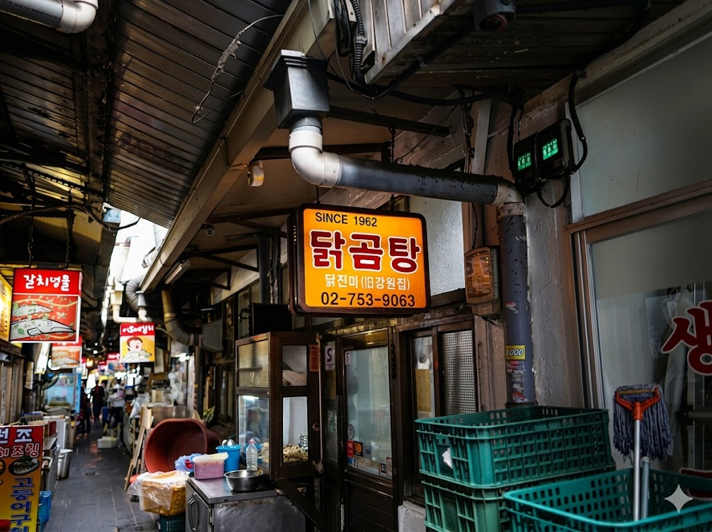 남대문 시장 새벽 골목 — 국밥집 외관과 상인들
