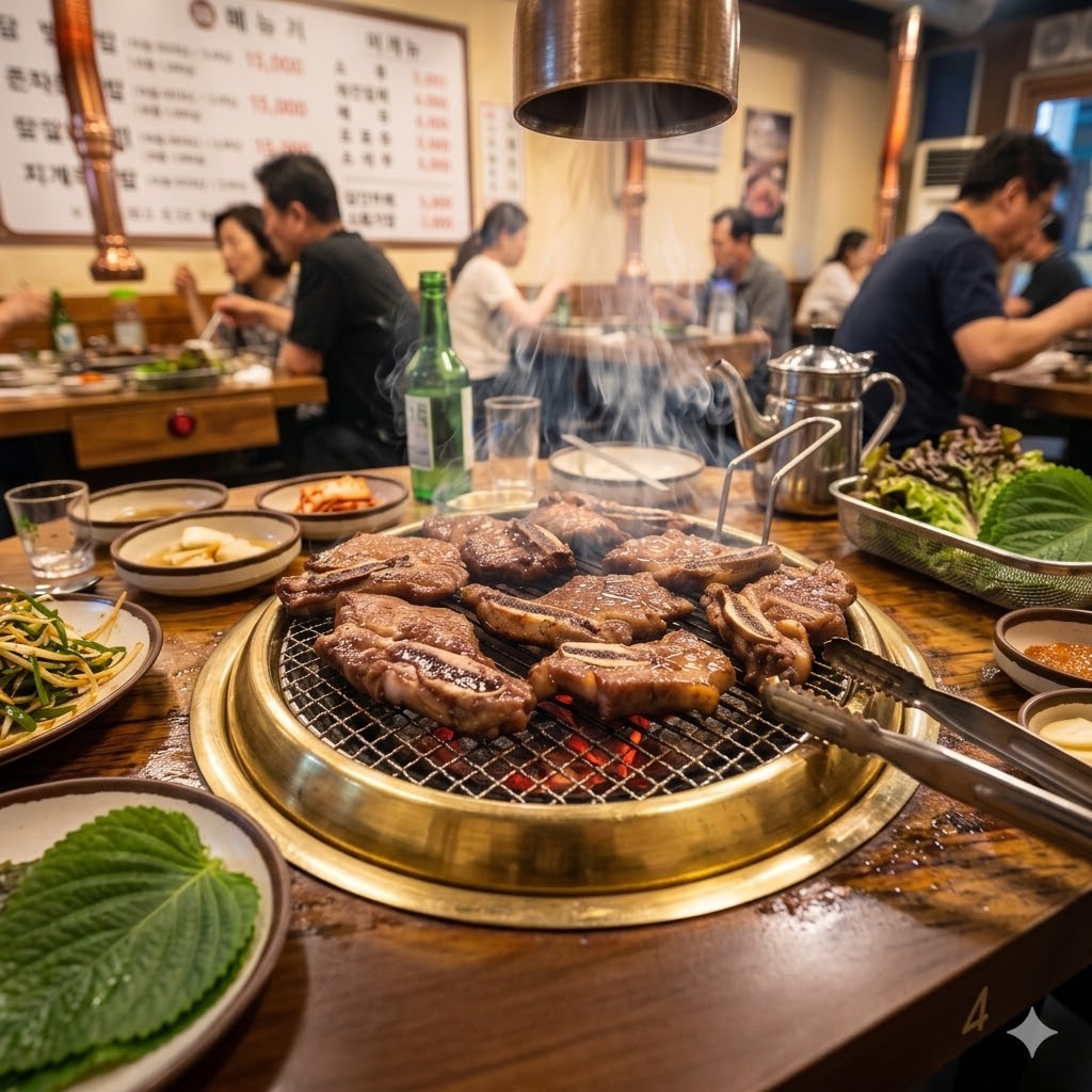 Suwon-style charcoal galbi restaurant — thick-cut wang-galbi on the fire