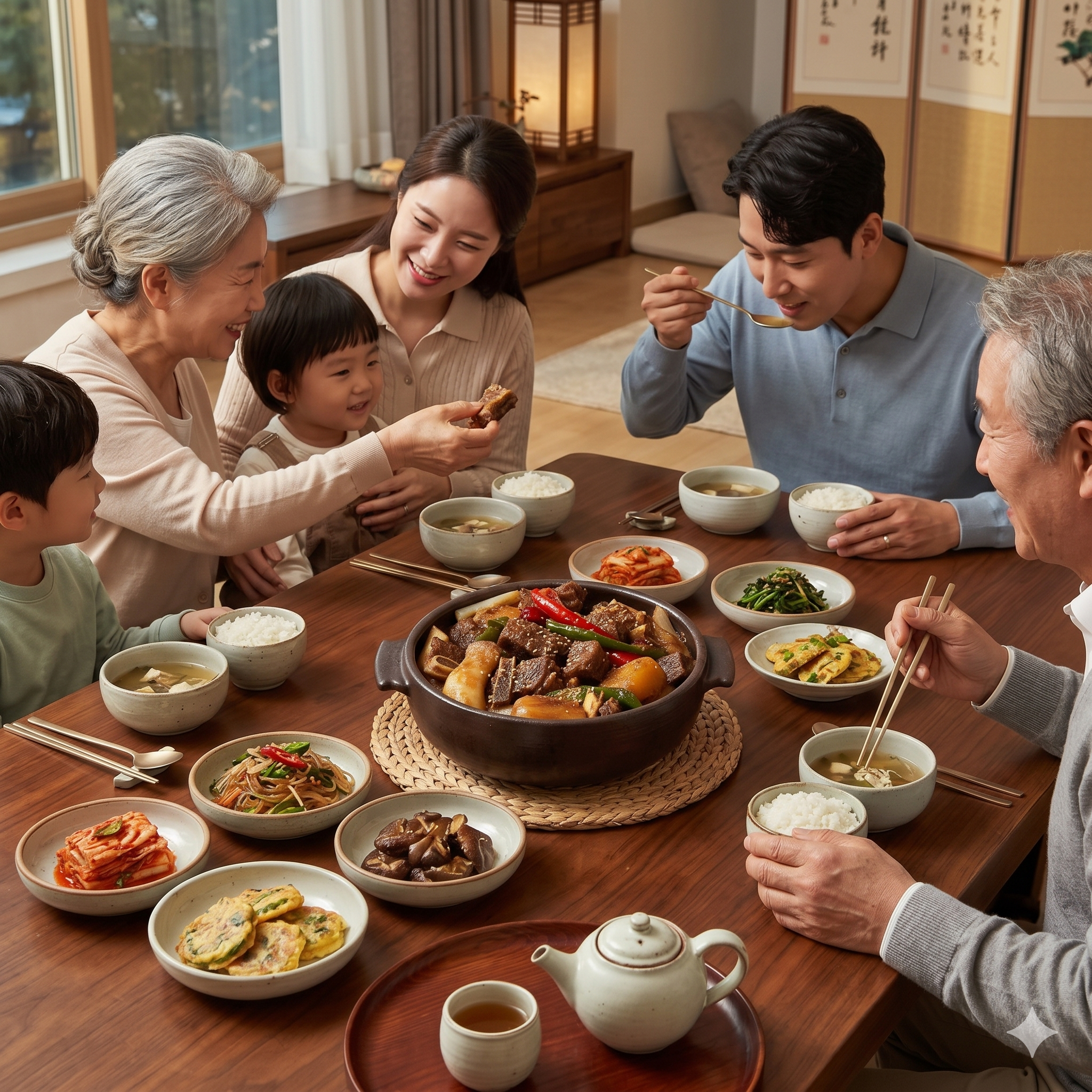 Korean holiday table with galbi-jjim at the center — the dish that stayed home
