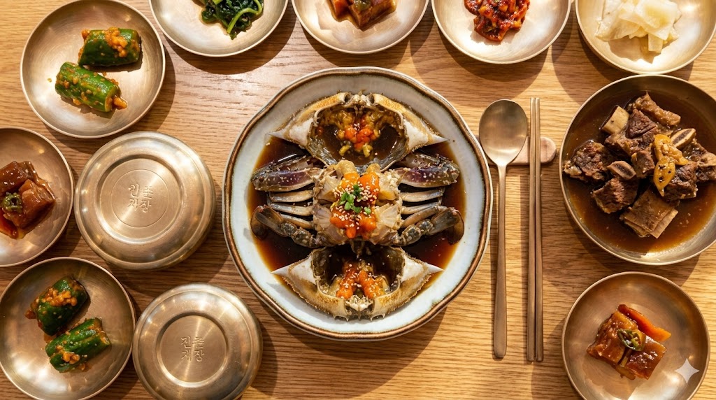 간장게장 한상 — Ganjang gejang set meal with rice, side dishes