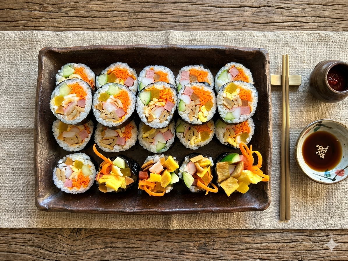 완성된 기본 김밥 — Finished classic gimbap sliced on plate