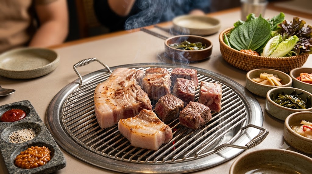 흑돼지 삼겹살 — 숯불 위에서 지글거리는 제주 흑돼지 삼겹살