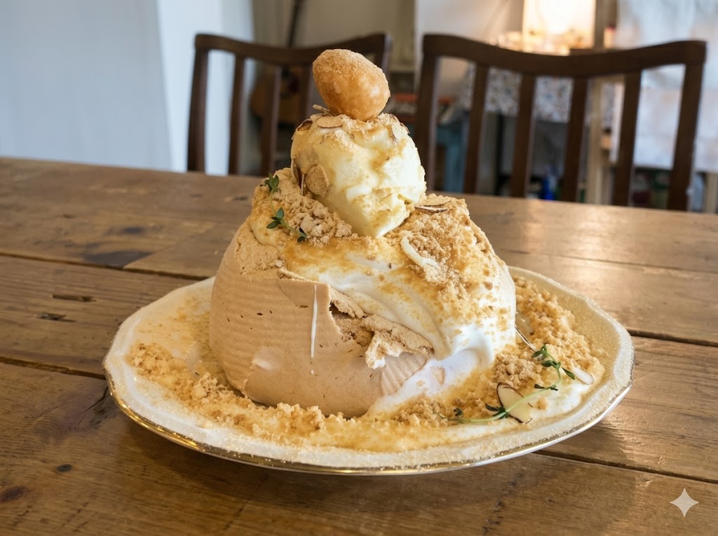 인절미 마운틴 또는 파블로바 플레이팅 — Modern injeolmi dessert at Seoul café