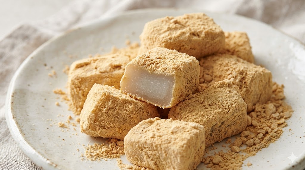 콩고물이 고르게 묻은 인절미 클로즈업 — Injeolmi rice cake dusted with roasted soybean powder
