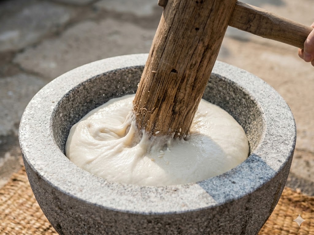 나무 떡메가 흰 찰밥 반죽에 내리치는 순간 — Wooden mallet striking glutinous rice dough