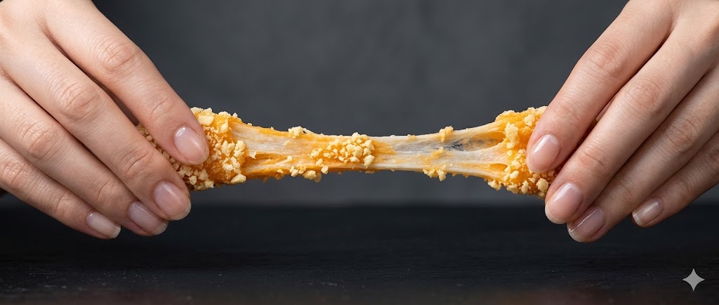 두 손이 인절미를 양쪽으로 잡아당기는 순간 — Two hands stretching injeolmi rice cake