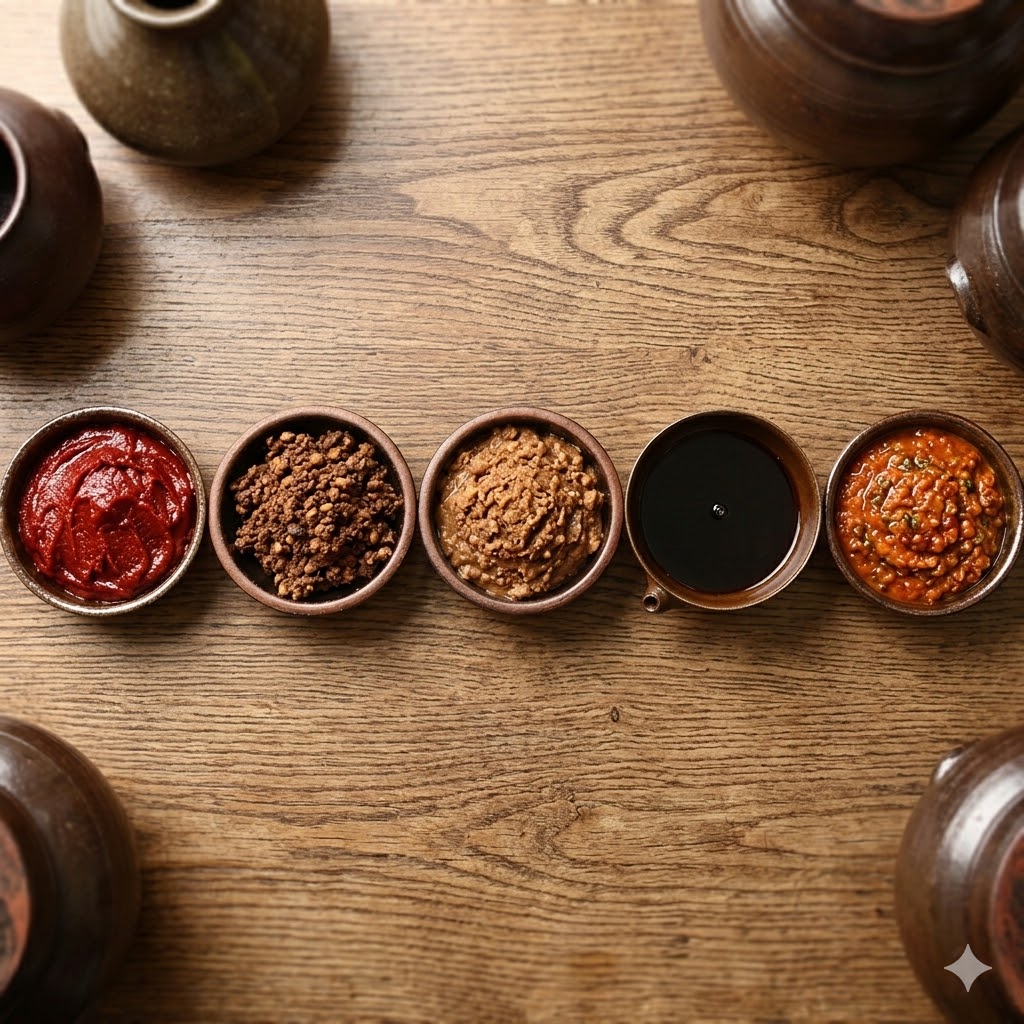 Five jang varieties in small bowls — doenjang, ganjang, gochujang, ssamjang, makjang