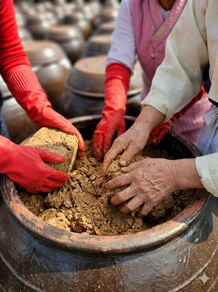 Grandmother tending jangdok pots — hands and earthenware close up