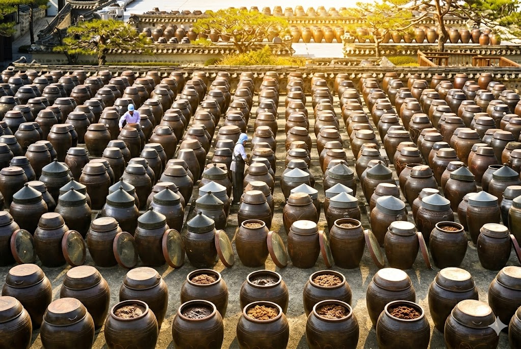 Traditional jangdokdae — rows of earthenware jangdok pots under sunlight