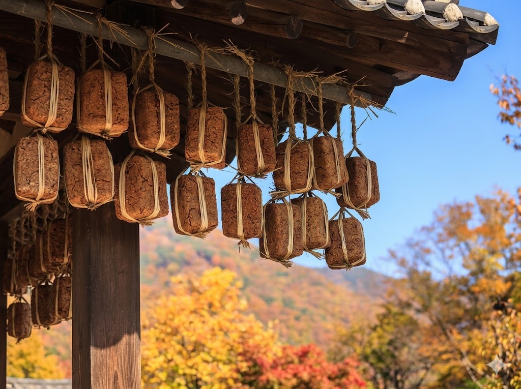 Meju bricks hanging under eaves — wild fermentation beginning