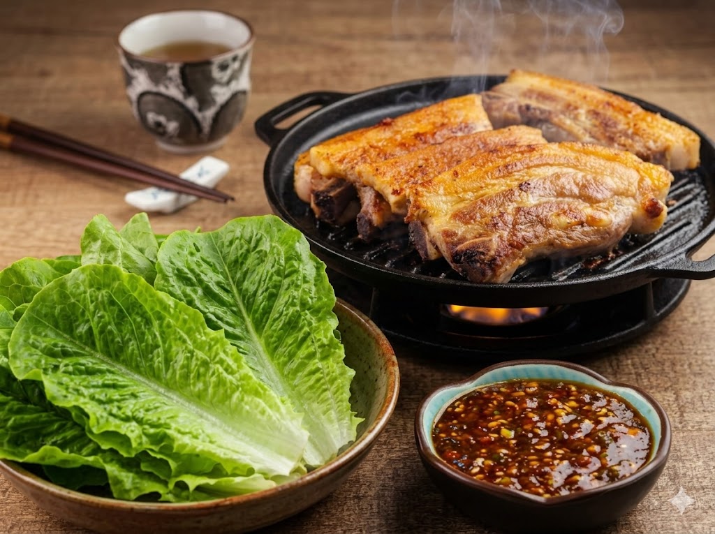 Korean BBQ table with ssamjang — lettuce wrap being assembled