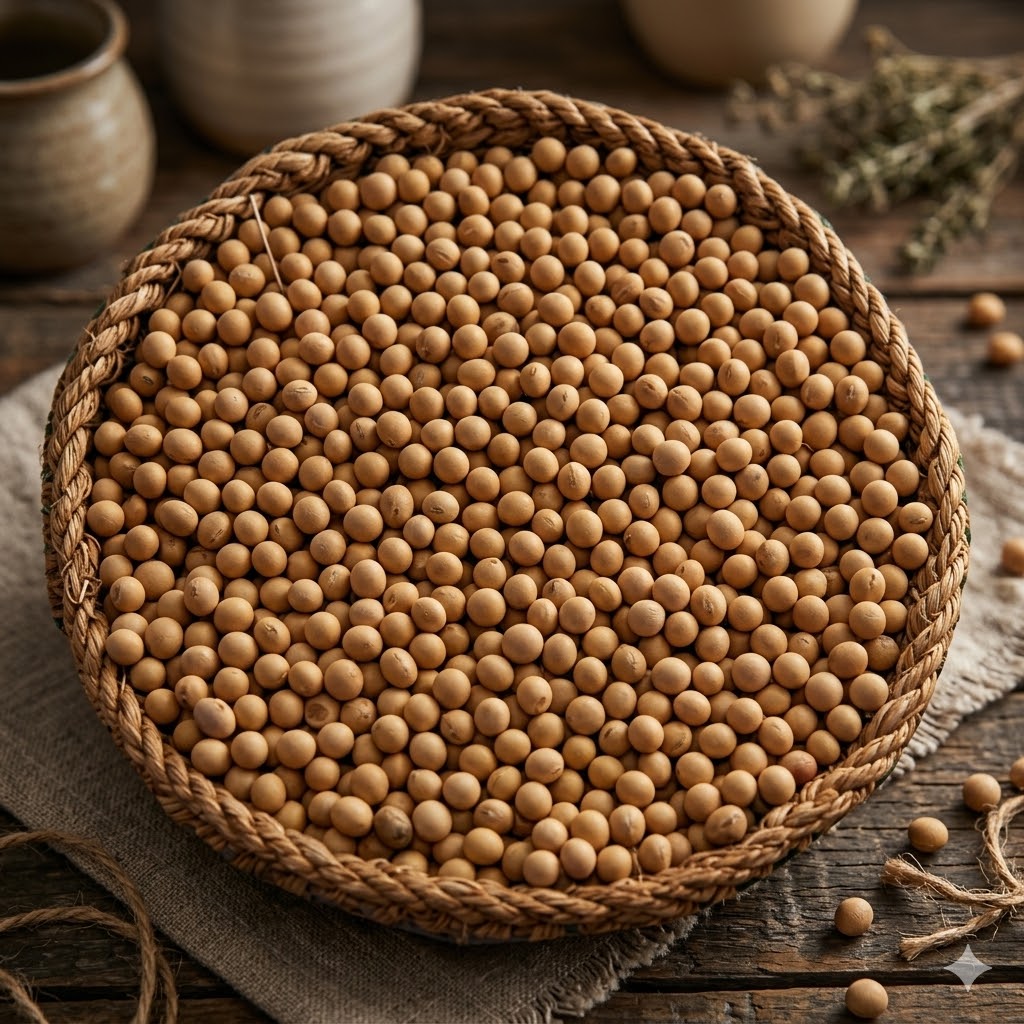 Baektae — yellow soybeans in a wooden bowl
