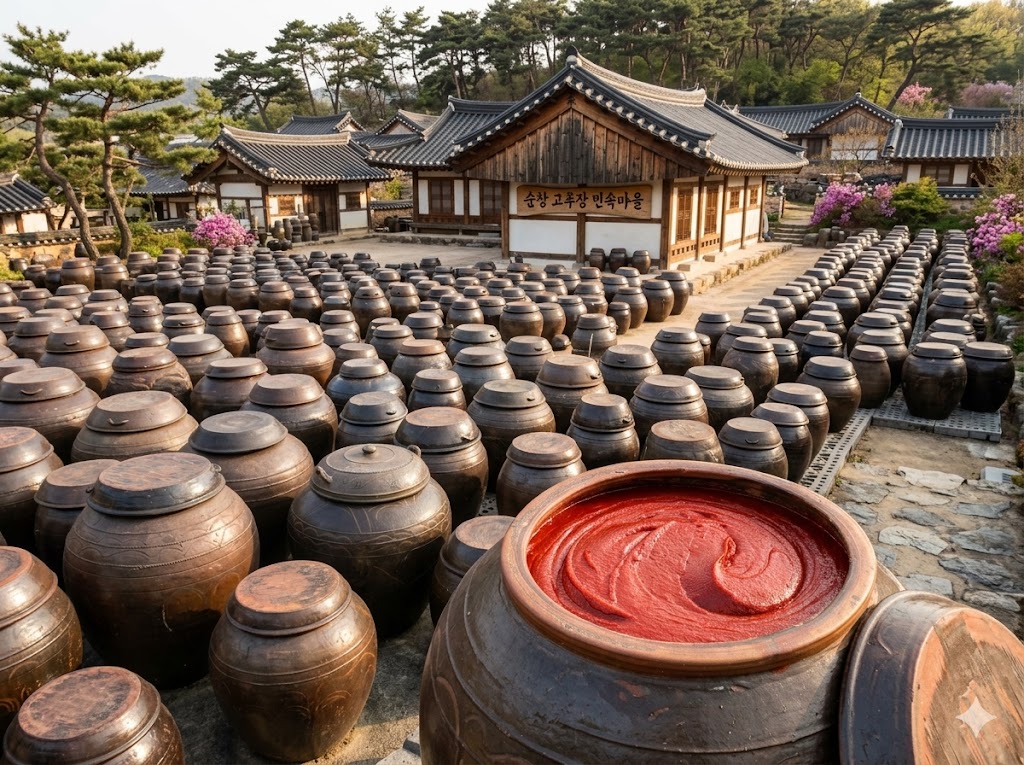 Sunchang Gochujang Folk Village — rows of artisan jangdok pots