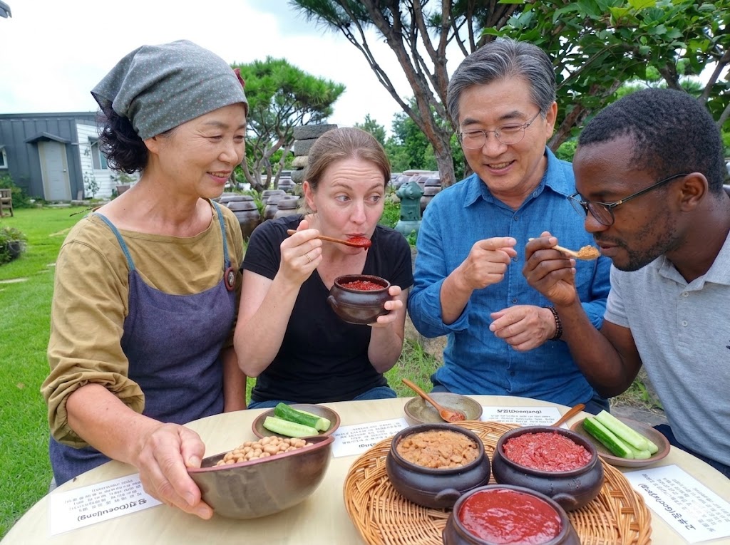 Jang tasting experience — five jang varieties in small bowls for guided tasting