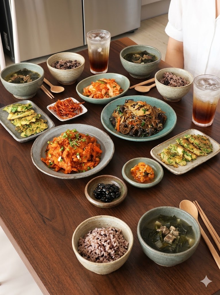 Korean birthday table spread — japchae at the center of a family celebration