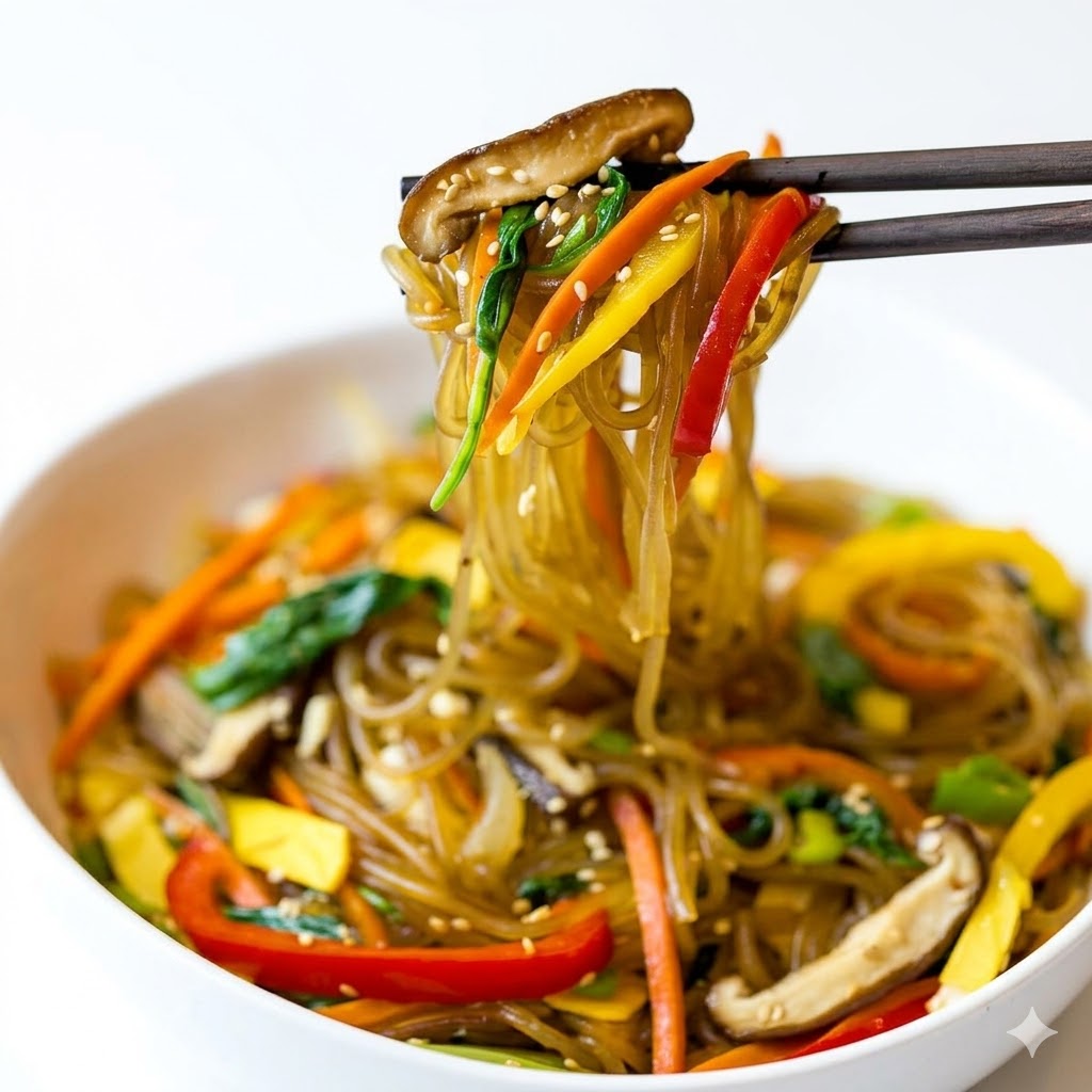 Chopsticks lifting japchae noodles — long noodles symbolize longevity