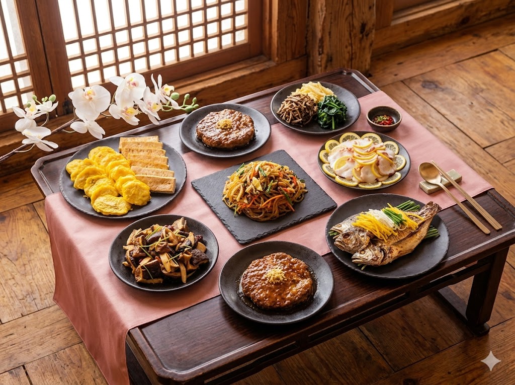 Traditional Korean table setting on wooden soban tray — hanok atmosphere