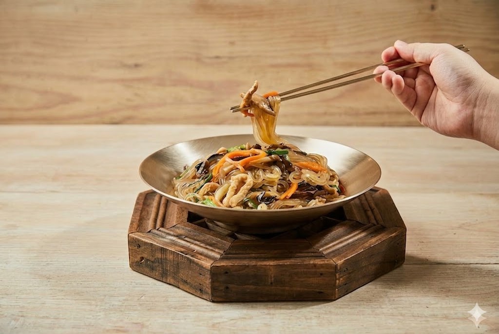 Japchae — glistening sweet potato glass noodles with colorful vegetables