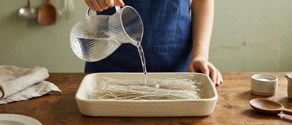 Dangmyeon soaking in water — glass noodles preparation step