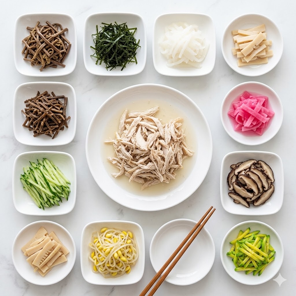 Japchae vegetables cooked separately — spinach, carrot, mushroom, onion