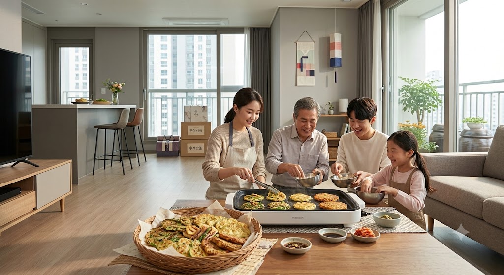 가족이 부엌에 모여 함께 전을 부치는 장면 — 세대가 함께하는 명절 아침