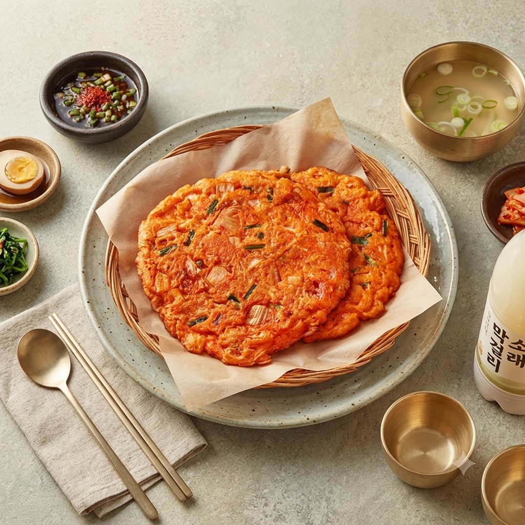 김치전 — 빨간 기름이 자르르한 묵은 김치전