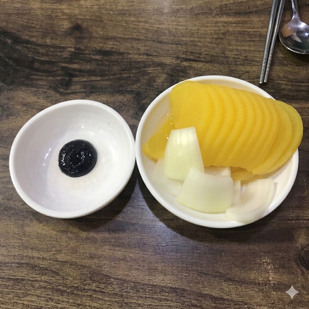단무지와 생양파 반찬 — 짜장면의 필수 파트너