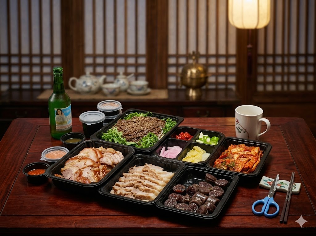 밤 테이블 위 족발 야식 세트 — Late night jokbal table spread