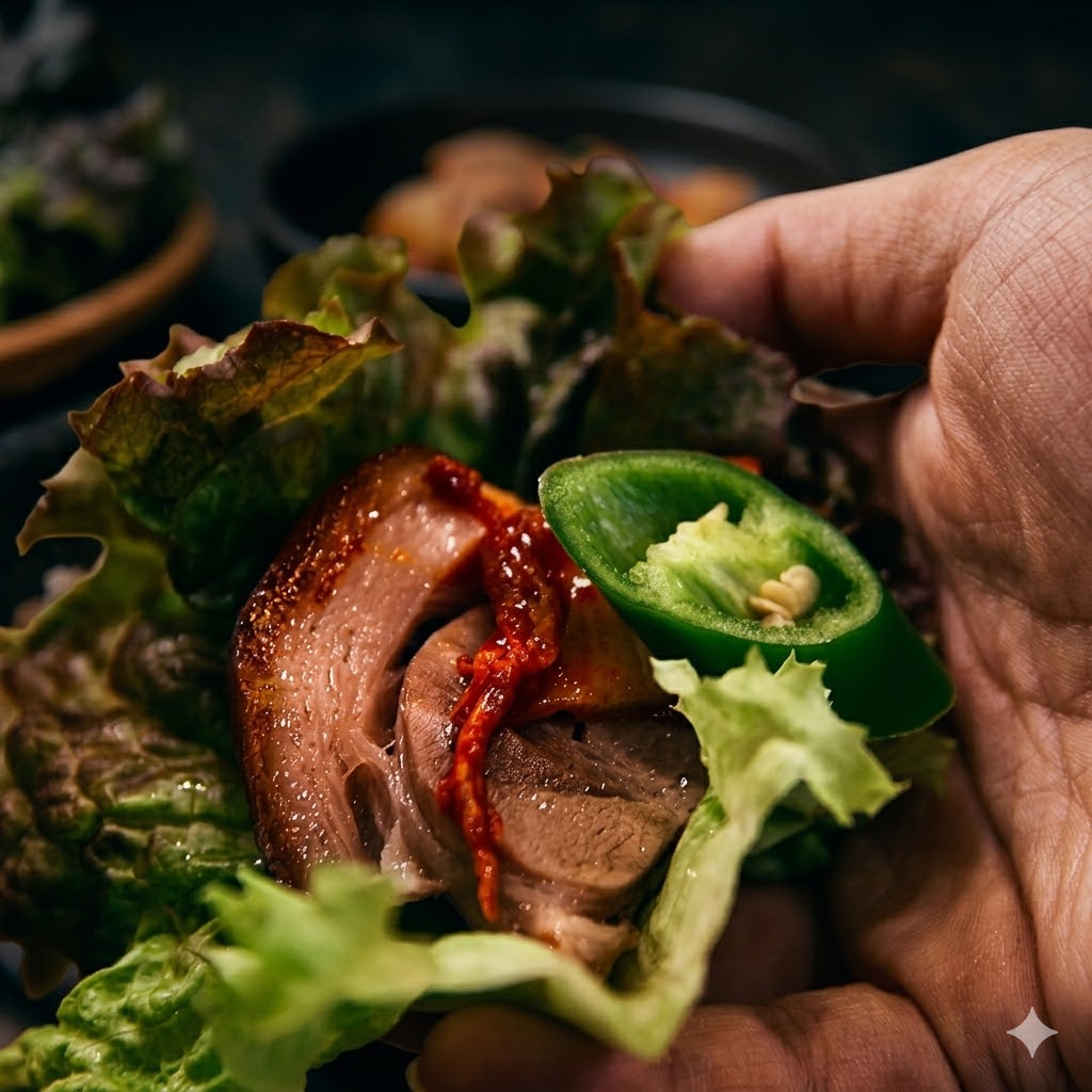 족발 쌈 싸는 장면 — Wrapping jokbal in lettuce