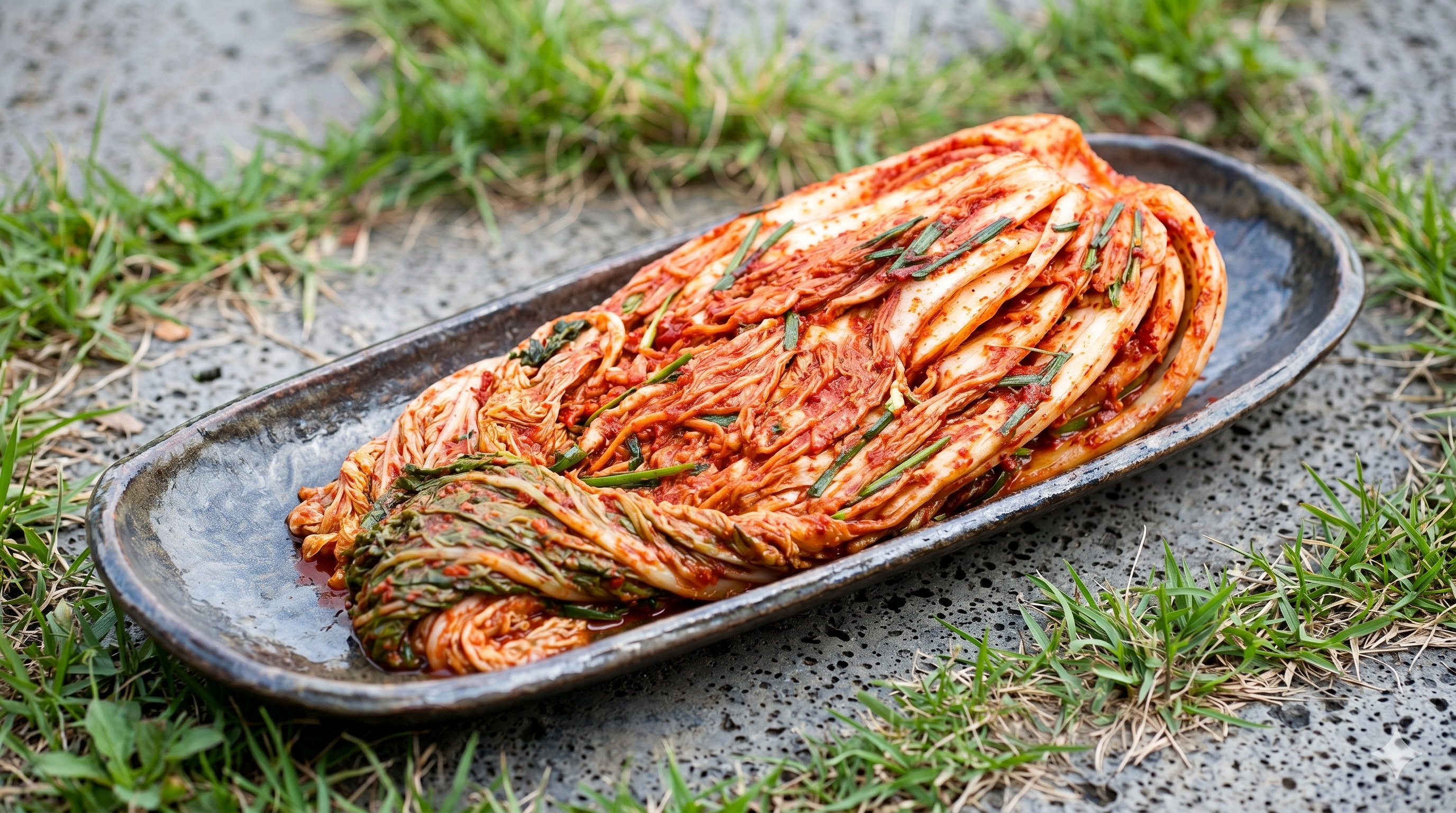 배추김치 클로즈업 — Fresh baechu-kimchi close-up on stone plate