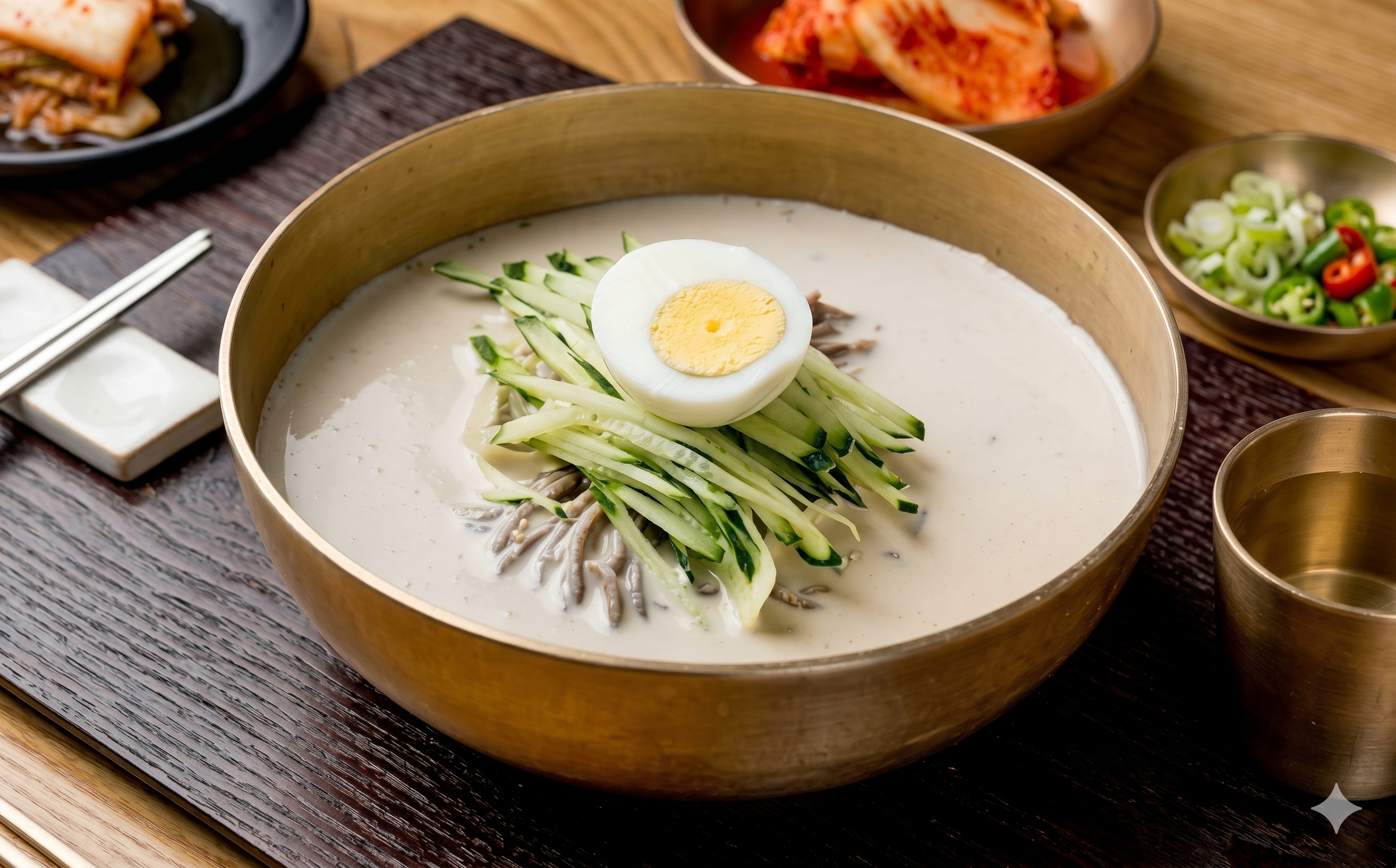 콩국수 — 새하얀 크리미한 콩국물에 소면과 오이 채, 얼음이 담긴 여름 한그릇