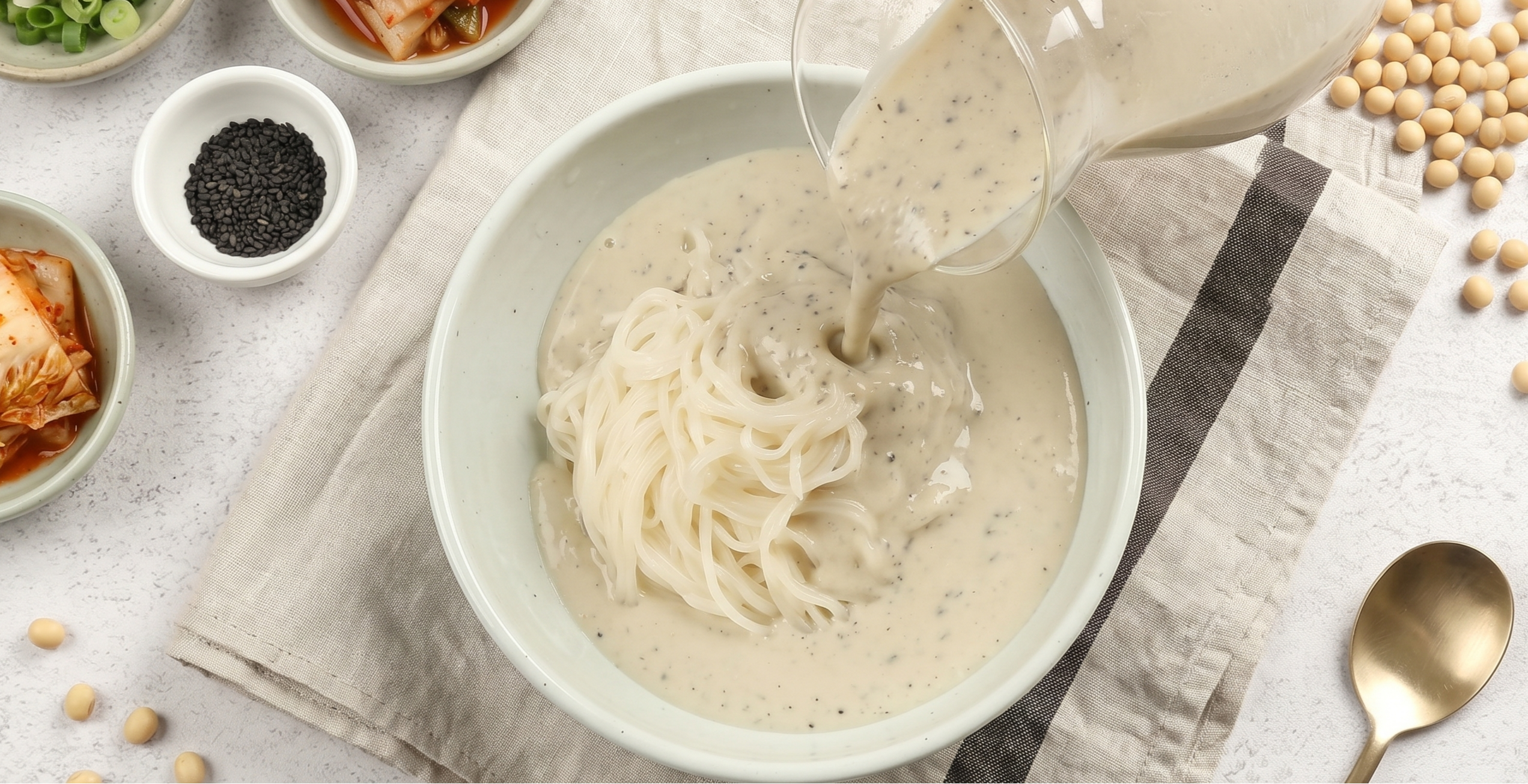 완성된 콩국수 — 하얀 콩국물, 소면, 오이 채, 통깨
