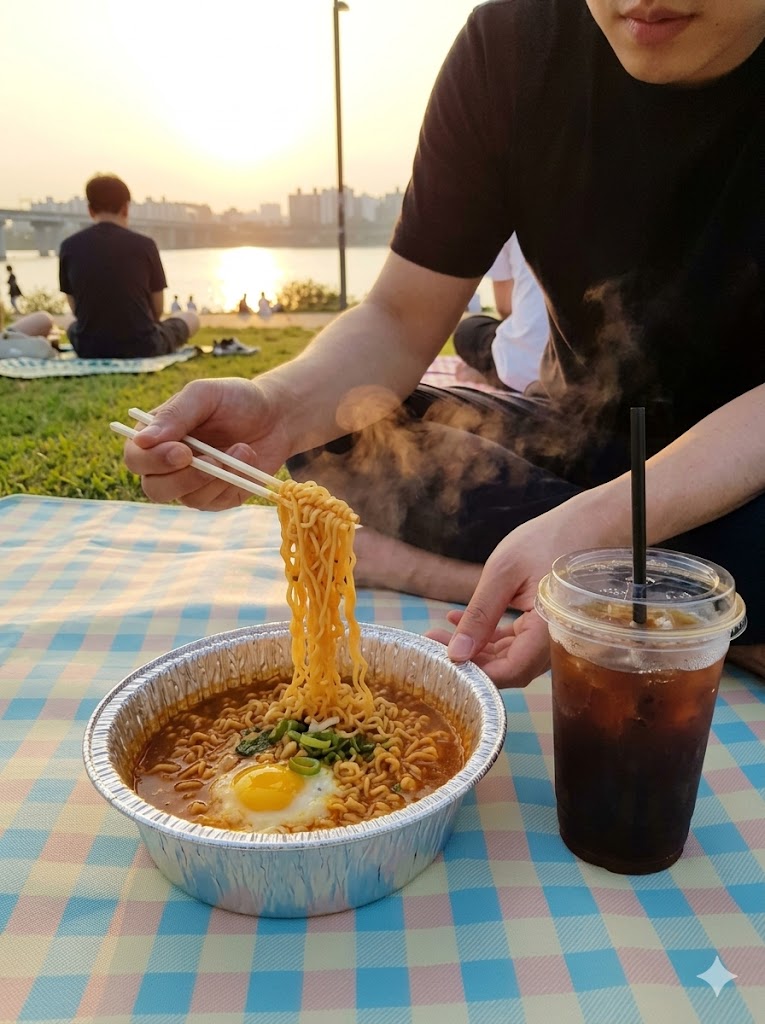 한강공원 잔디 위에서 컵라면 먹는 장면 — Cup ramyeon at Han River Park
