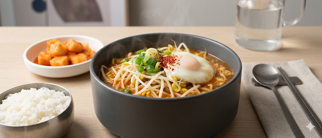 완성된 라면 — Finished ramyeon with egg and green onion