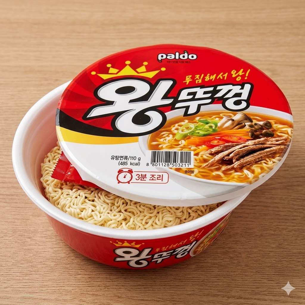 왕뚜껑 컵라면 뚜껑 분리 장면 — Wang Ttukkeong cup ramyeon lid