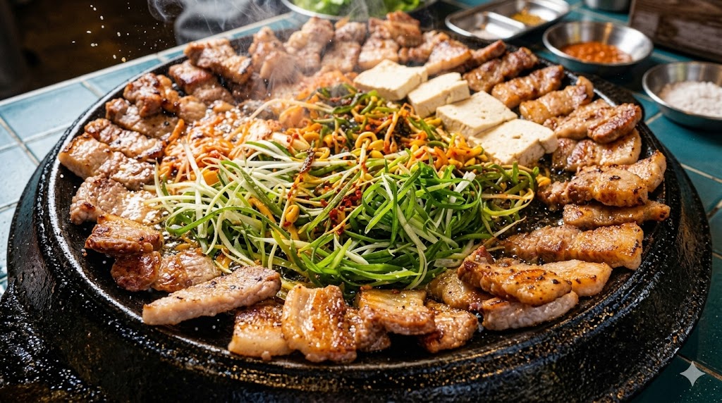 무쇠 불판 위에서 지글거리는 삼겹살 — Samgyeopsal sizzling on cast-iron grill