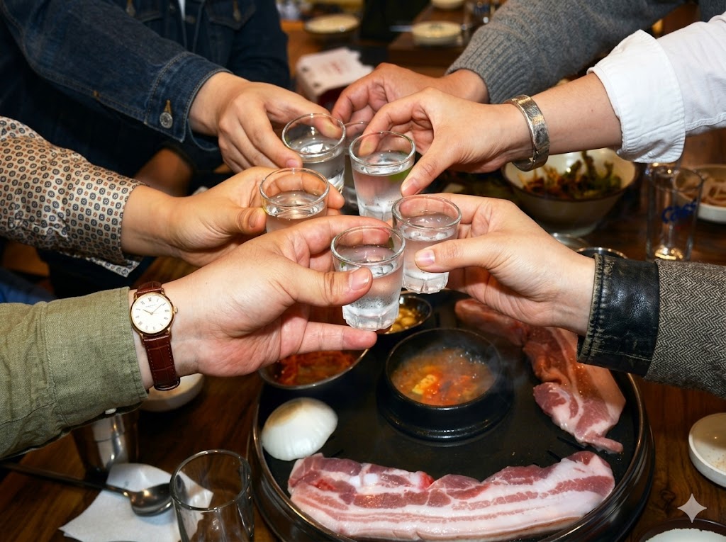 퇴근 후 삼겹살 회식 — After-work samgyeopsal dinner with soju