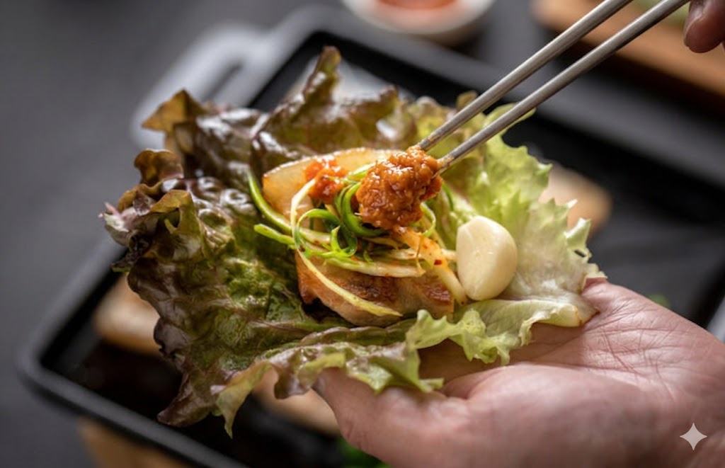 손으로 상추 쌈 싸는 근접 샷 — Hands wrapping samgyeopsal in lettuce leaf