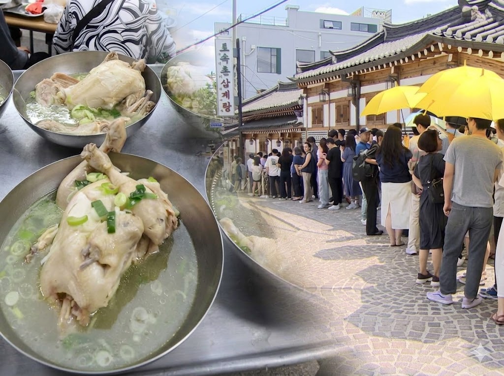 복날 토속촌 삼계탕 앞 줄서기 — Boknal queue outside Tosokchon Samgyetang restaurant