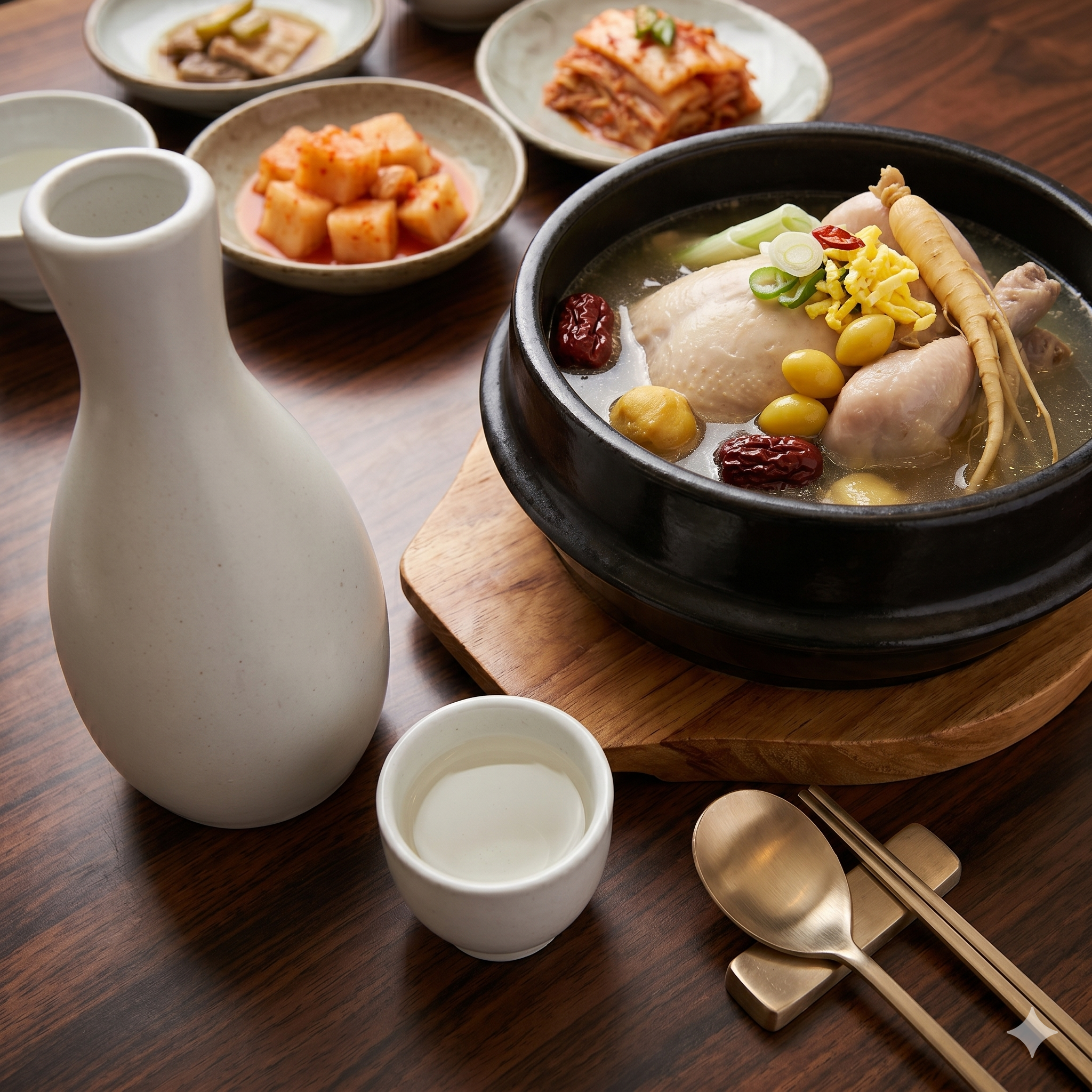 삼계탕 옆 인삼주 병과 잔 — Ginseng liquor bottle and cup beside samgyetang