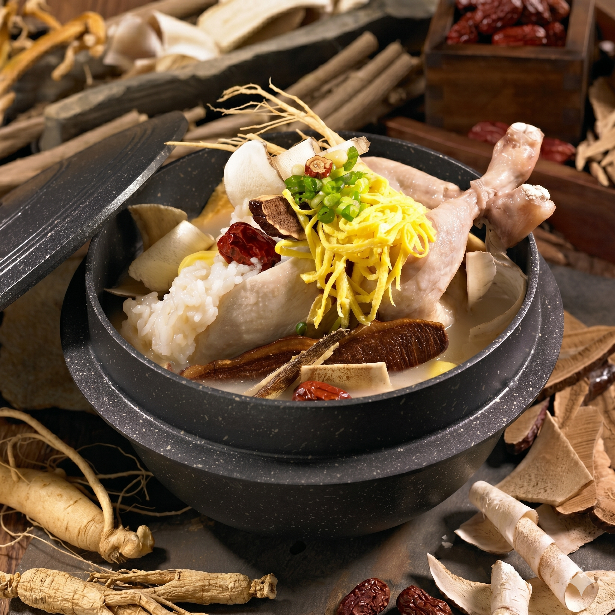 닭 속에 찹쌀·인삼·대추 넣기 — Stuffing chicken with glutinous rice, ginseng and jujube